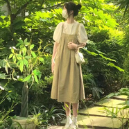 GOCHIEI學(xué)院風(fēng)小清新背帶裙女夏季寬松韓版顯瘦收腰小個子連衣裙 卡其色背帶裙 M_建議[105-120斤]