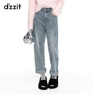 DZZIT【爆款補(bǔ)單】地素春夏季新款藍(lán)色高街潮流貼布繡釘珠工藝牛仔褲女 藍(lán)色 27