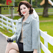 皮爾卡丹新款中年媽I媽春秋外套氣質(zhì)小香風(fēng)短款中年女春秋呢子上衣兩件裝 藍色 4XL 130-140斤