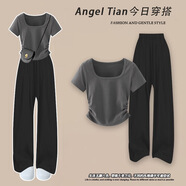 雪妃藍琪休閑褲子女2025新款夏季女裝小個子時尚氣質穿搭顯高顯瘦闊腿褲 灰色上衣+黑色褲子 XL 【建議120-140斤】
