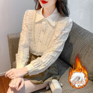 睡妍（SHUIYAN）加絨加厚襯衫女2024春秋新款荷葉花邊蕾絲衫襯衣女長(cháng)袖上衣打底衫 杏色加絨 M
