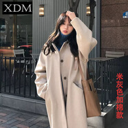 熊迪明毛呢大衣女學(xué)生寬松冬加厚長(zhǎng)款過(guò)膝呢子外套原宿風(fēng)女式上衣潮 米灰色加棉 M