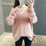 Radinka 2025秋冬新款毛衣女V領(lǐng)純色麻花針織衫打底衫套頭寬松長袖外套女 粉紅色 2XL