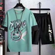 暢登短袖t恤男裝夏季薄款休閑套裝男潮流學(xué)生青少年一套衣服搭配短褲 綠色【W(wǎng)01】上衣+黑短褲 M