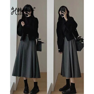 韓璐嬌（hanlujiao）連衣裙套裝女2023年新款女裝韓版氣質(zhì)顯瘦法式赫本風(fēng)呢子外套裙子 單件灰色裙子 S