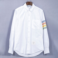 歐洲站T雙袖標襯衫白色男女士潮牌休閑長(cháng)袖織帶很仙的襯衣網(wǎng)紅情侶同款 白色彩虹條紋 2碼/L