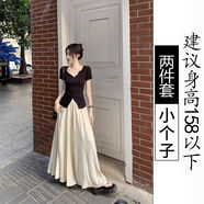 GOCHIEI2件套套裝女黑色開(kāi)叉V領(lǐng)短袖T恤夏季高腰闊腿褲長(cháng)裙褲休閑半身裙 黑上衣+杏色裙褲[小個(gè)子2件套] M 100-115
