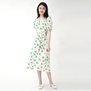 唯唯（WEWE）夏季新款女裝連衣裙水墨玫瑰時尚法式氣質(zhì)短袖V領(lǐng)中長裙 綠色 M(165)