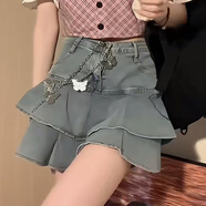 蘭威費(fèi)雷韓版氣質(zhì)辣妹褶皺感寬松小眾蛋糕裙女夏季新款復(fù)古牛仔短裙潮 藍(lán)色  S