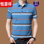 恒源祥品牌短袖T恤男純棉翻領中年爸爸夏裝特大碼胖子條紋高端保羅衫男 HFX963藍色 M 165【120斤內】
