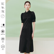 花木深【關(guān)曉彤同款】新中式改良旗袍夏裙子提花醋酸緞立領(lǐng)連衣裙 墨色A XS