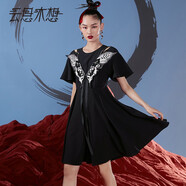 云思木想摩登國風2024夏季新款A字裙時尚假兩件繡花連衣裙女10345 黑色 S