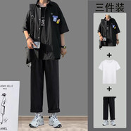 愛(ài)洛斯汀堡 夏季休閑套裝男韓版寬松短袖t恤男痞帥潮流衣服一套搭配衣服男裝三件套 黑色襯+白短袖+黑褲 XL【120-140斤】
