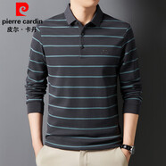 皮爾卡丹（pierre cardin）高檔棉t恤男長袖春秋季新款商務翻領(lǐng)polo衫中青年薄款條紋體恤衫