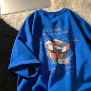 卡圖弛 衣服男美式復(fù)古短袖t恤男寬松韓版潮流休閑五分半截袖打底衫男青少年男生情侶高街印花上衣服飾男裝 藍(lán)色 XL【建議115-130斤】
