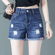 SOVK女裝高腰牛仔短褲女2025夏季新款簡(jiǎn)約顯瘦拉鏈闊腿褲外穿刺繡熱褲 藍色711【特價(jià)無(wú)彈力】 27 建議90-100斤