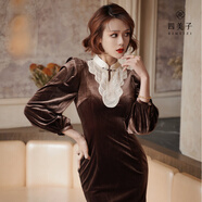 四美子新中式蕾絲法式禮服女裝2023新款秋冬季修身絲絨旗袍連衣裙中國(guó)風(fēng) S碼  85-95斤