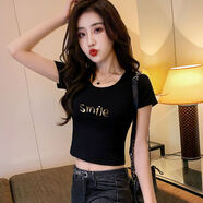 GOLDJEANNIE黑色短袖t恤女短款露臍2024夏季新款韓版純棉修身高腰漏肚臍上衣 黑色 S 90斤以下