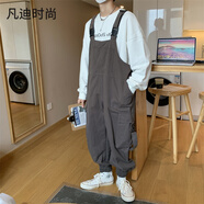 凡迪時(shí)尚工裝多口袋背帶長(cháng)褲男士寬松連體褲韓版水洗復古牛仔背帶褲男士潮流多色 D5991灰色 M