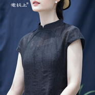 意枕上2025新款旗袍連衣裙夏季防亞麻棉雙襟小立領(lǐng)改良旗袍裙女 L 建議106-115斤 均碼 黑色實物不透不含背心