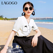 lagogo拉谷谷法式小香風(fēng)短袖襯衫女夏季新款設計感小眾蝴蝶結t恤 米白色(V2) S 155/36
