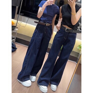 冉藝嵐絲克諾依 女裝2025春季新款高腰直筒牛仔褲女寬松顯瘦闊腿拖地長(zhǎng) 深藍(lán)色 均碼 m