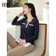 歐莎（OSA）白色長袖V領(lǐng)輕薄針織衫女裝2025秋新款小香風(fēng)上衣內(nèi)搭女可外穿 寶藍(lán)色E S