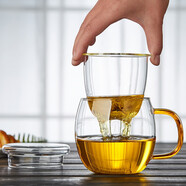 美斯尼 玻璃茶杯辦公室水杯茶水分離杯子茶具套裝泡菊花茶玻璃加厚帶把手帶過(guò)濾女男士大號耐熱水杯 黃把茗韻杯 500毫升
