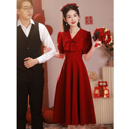 塞德勒（SAIDELE）敬酒服小個(gè)子新娘平時(shí)可穿日?；亻T訂婚連衣裙紅色禮服女夏季法式 酒紅色 XL (建議116-125斤)