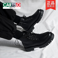 卡帝樂鱷魚（CARTELO）側(cè)拉鏈馬丁靴男高幫英倫風(fēng)真皮黑色工裝機(jī)車靴春秋增高中幫短靴子 黑色(送內(nèi)增高墊) 41