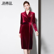 海青藍(lán)（CYANINE SEA）高級(jí)感絲絨連衣裙2024秋冬新款氣質(zhì)V領(lǐng)綁帶修身顯瘦打底裙喜婆婆 紅色 S