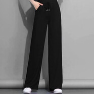 戀人世家純棉休閑褲女2025新款夏季闊腿褲女直筒褲垂墜感寬松顯瘦棉麻長(zhǎng)褲 黑色 S 建議70-95斤