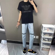 益帛牛仔褲男夏季新款港風(fēng)膝蓋拉鏈寬松做舊精神小伙修身小腳長褲子男 藍(lán)色 L【建議105-115斤】