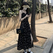 VEOX辣妹黑色碎花連衣裙女新款純欲修身顯瘦吊帶裙氣質(zhì)開(kāi)叉中長(zhǎng)款裙子 [黑色碎花裙] S [70-85斤]
