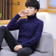 回圖 高領(lǐng)毛衣男秋冬保暖線(xiàn)衣針織衫潮流韓版修身青少年情侶打底毛衫 藏青色 XL
