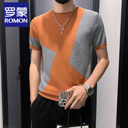 羅蒙（ROMON）撞色針織衫短袖男秋季新款潮牌高端修身圓領(lǐng)內(nèi)搭打底半袖毛衣潮流 焦糖色 3XL