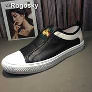 Rogosky 香港潮牌男鞋新款懶人蜜蜂刺繡套腳小白鞋男四季休閑透氣真皮繡花織帶一腳蹬低幫板鞋子 黑色 41（皮鞋碼）