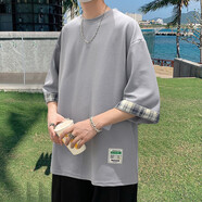 華天牧260斤大碼七分袖T恤男夏季百搭拼接冰絲短袖套頭體恤衫九分袖上衣 t05灰色 2XL 145-160斤