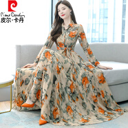 皮爾卡丹大擺連衣裙女春秋季寬松大碼女裝時(shí)尚洋氣質(zhì)收腰系帶長(zhǎng)袖雪紡裙子 橙色  2XL 180