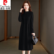 皮爾卡丹（pierre cardin）大I碼女裝秋冬季新款長(zhǎng)袖針織連衣裙長(zhǎng)款顯瘦毛衣裙 黑色 4XL 150-165斤