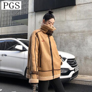 羊羔毛外套女2019冬季新款韓版寬松bf風(fēng)機(jī)車服短款加厚棉襖羊羔服 卡其色 S