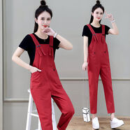 尚簡(jiǎn)紛單褲/套裝 小個(gè)子背帶褲女寬松2025秋季新款減齡吊帶連體褲兩件套 黑色短袖T+紅色背帶褲 S
