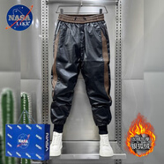 NASALIKE重磅加絨加厚長(cháng)褲男士冬季騎手皮褲男機車(chē)保暖防風(fēng)百搭修身束腳休 拼接咖色【加絨加厚】 M 85-105斤