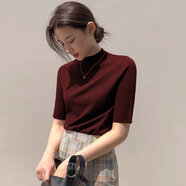 衣彩灣高領(lǐng)中袖針織衫夏裝女式夏季穿的半袖打底衫恤顯瘦五分袖上衣 咖啡色 XL 110-125斤