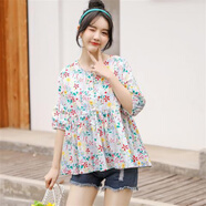 FZMF夏季新款韓版寬松娃娃衫a字蓬蓬高腰上衣燈籠袖襯衫女裝薄款 白色【夏日花叢】 M