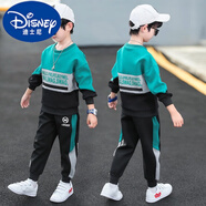 迪士尼（DISNEY）男童秋裝套裝12歲男孩秋季13中大童男裝10兒童衣服休閑8時(shí)髦6到15 皮可兔拼接字母套裝綠色 140 建議10-11歲 建議身高135厘