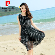 皮爾卡丹（pierre cardin）波西米亞背心裙紅色波點(diǎn)無(wú)袖雪紡連衣裙夏短款飄逸海邊度假沙灘裙 黑色 XL 120-135斤