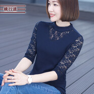橫行道2024新款半高領(lǐng)蕾絲七分袖女t恤半截袖上衣黑色中袖白色體恤春裝 寶藍(lán) 3XL