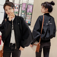 SXA香港潮牌長袖小個子短外套女春秋新款百搭蜜蜂繡花棒球服氣質夾克 黑色 M