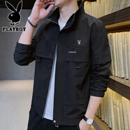 花花公子（PLAYBOY）外套男沖鋒夾克男裝春季男士休閑工裝連帽潮流上衣服 黑色- XL